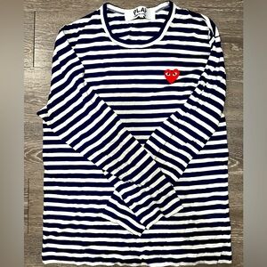 commes de garçon long sleeve navy blue & white striped tee